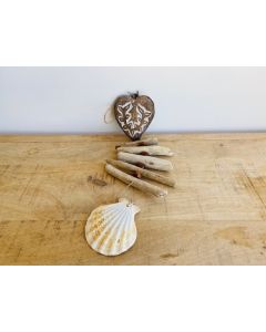 Carved heart shell and driftwood garland