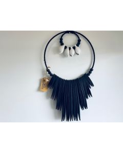 Large Shell & Wood Tribal Necklace - Black